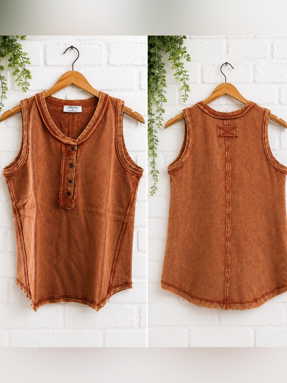 Zenana Sz Sm Washed Half-Button Raw Edge Sleeveless Henley Tank Top-Rust Orange
